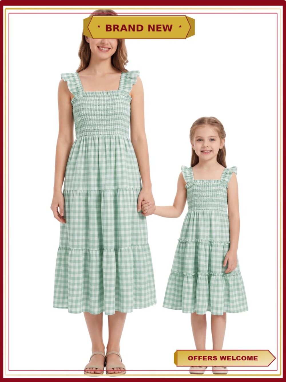 Mommy and Me Plaid Print Smocked Sleeveless Midi Sundress with Pockets